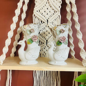 Vintage Peacock Vase Set of 2 | Porcelain Applied Roses Flowers | Gold Accent Co